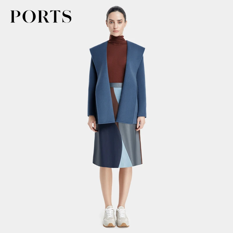 【羊毛系列】PORTS宝姿女装 秋季新款翠雀蓝一手长连帽大衣通勤外套