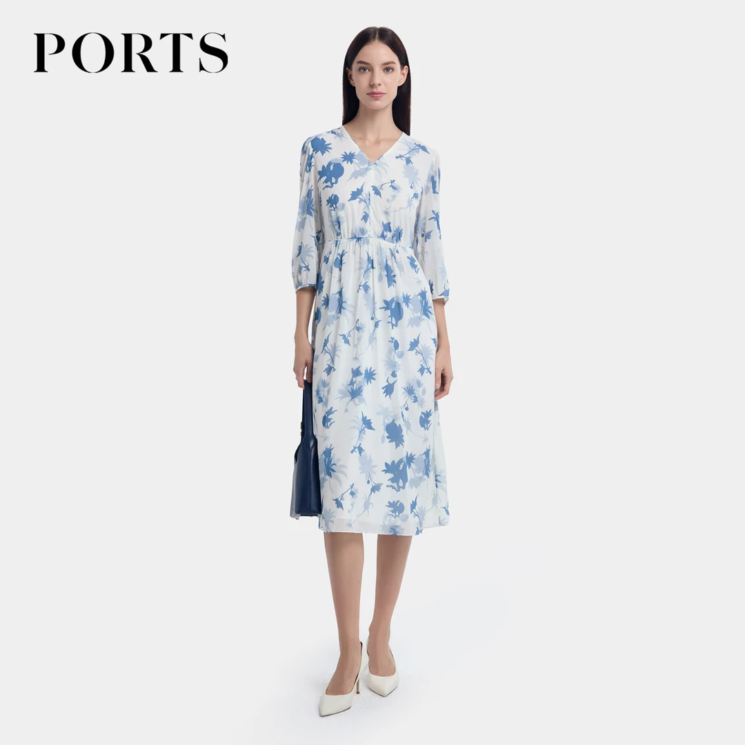 PORTS宝姿女装 早秋新款“雪峰花谷”印花桑蚕丝真丝连衣裙