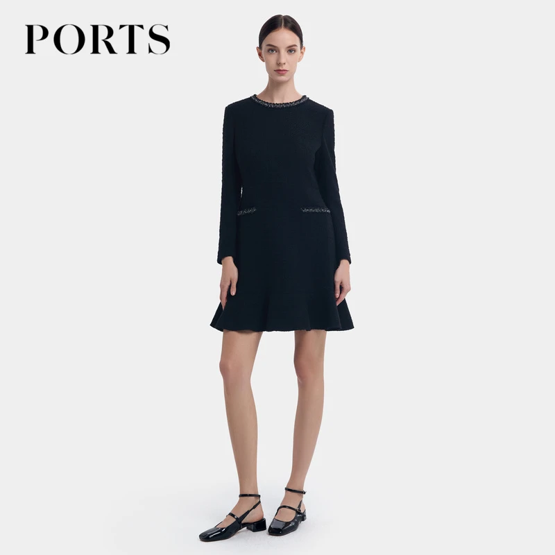 PORTS宝姿女装 秋季新款时尚百搭雅致钉珠装饰黑色鱼尾连衣裙