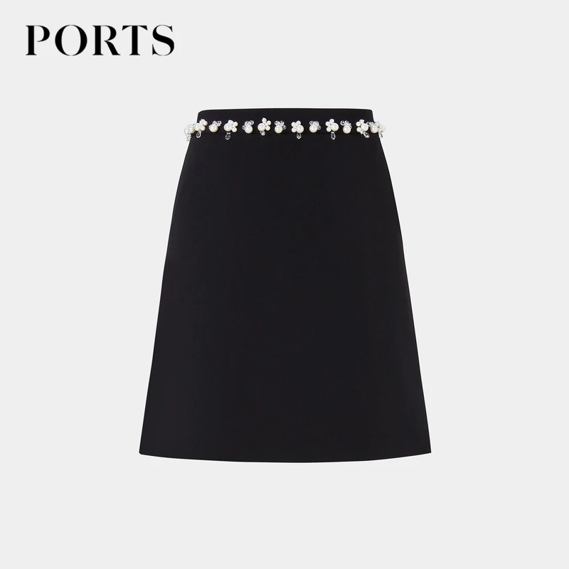 PORTS宝姿 春季通勤简约风手工绣珠装饰黑色修身女装短裙