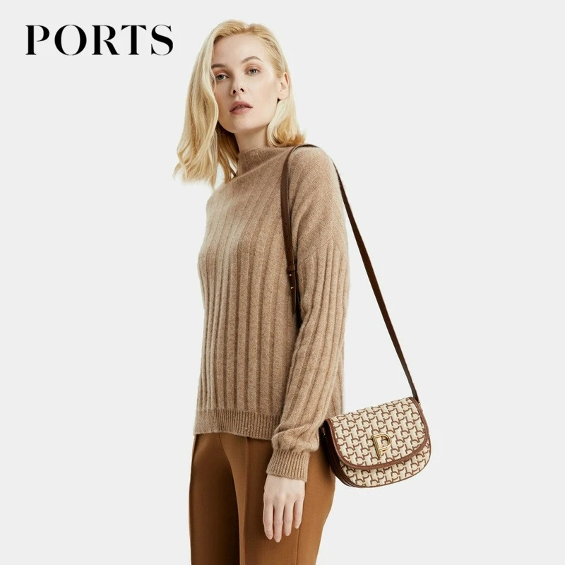 PORTS宝姿秋冬季百搭高级感女装时尚香槟驼条纹羊绒针织上衣女 士