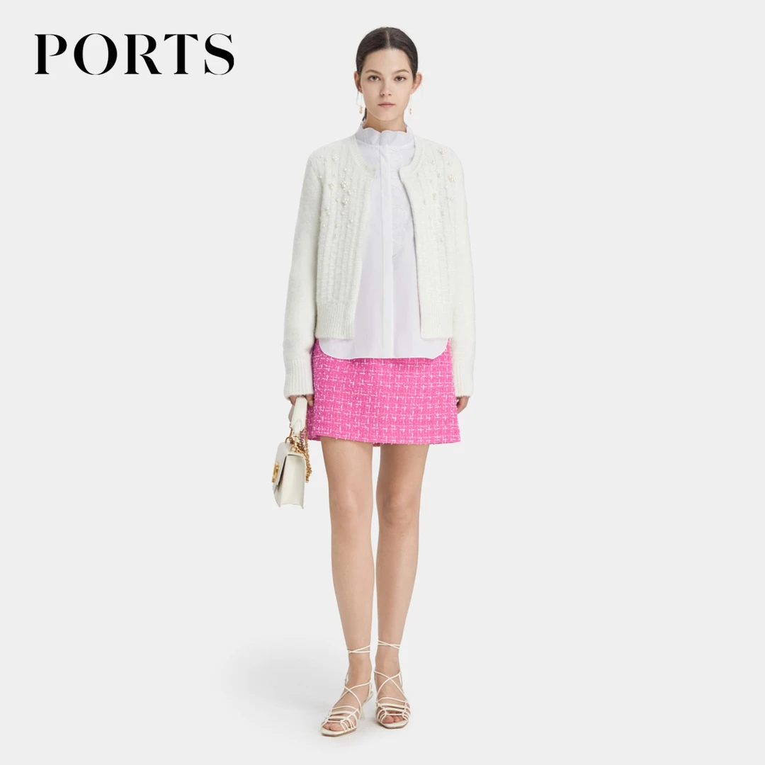 PORTS宝姿春季修身百搭奶白色手工绣珠装饰针织女装开衫