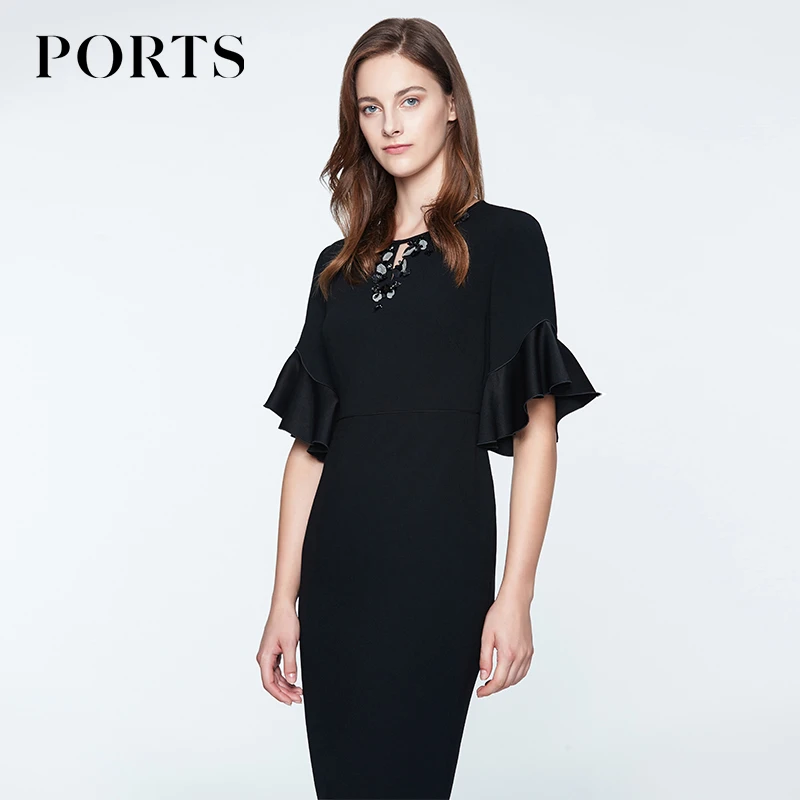 【三醋酸系列】PORTS宝姿 通勤风女装优雅立体钉珠装饰修身连衣裙女