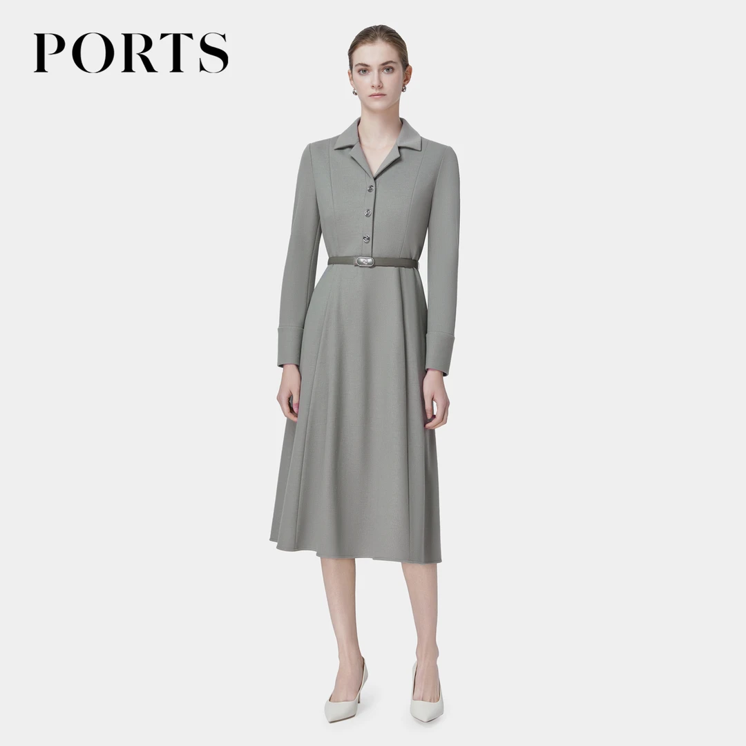 PORTS宝姿秋季西装领腰带装饰收腰修身羊毛女装连衣裙女