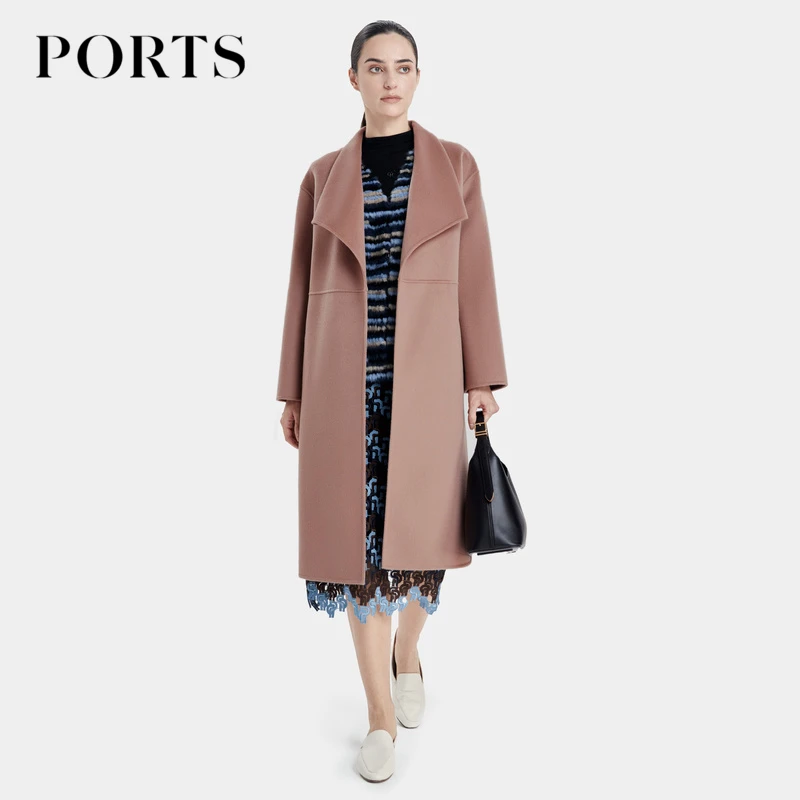 PORTS宝姿女装秋季新款时尚通勤风玫瑰粉双面呢翻领大衣外套女 士
