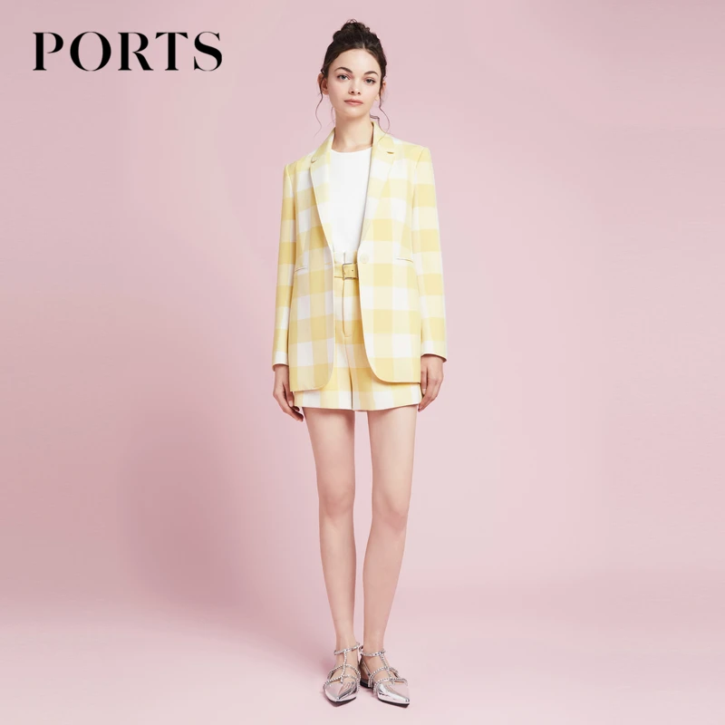 PORTS宝姿 高腰女装春季款休闲通勤时尚气质优雅长袖维希格纹西装
