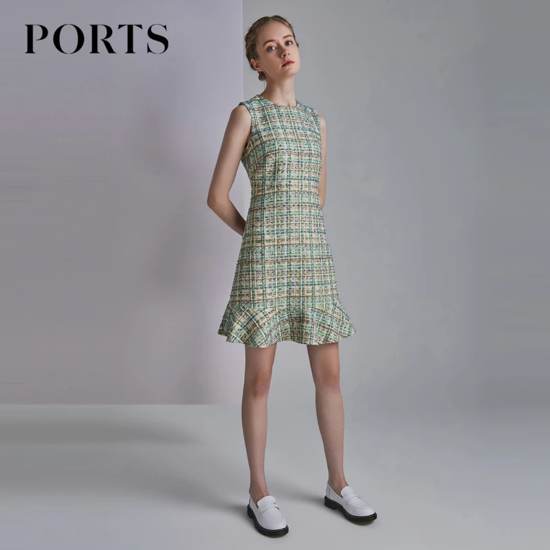 PORTS宝姿 女装短裙夏季休闲时尚通勤风收腰修身经典粗花呢连衣裙