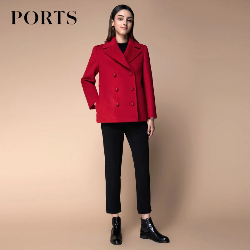 【羊毛系列】PORTS宝姿 秋冬通勤女职场长袖双排扣短款大衣毛呢外套