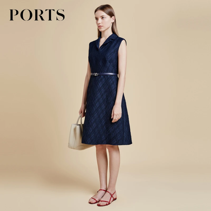 PORTS宝姿 女装夏季时尚气质优雅时尚菱格纹提花无袖连衣裙女