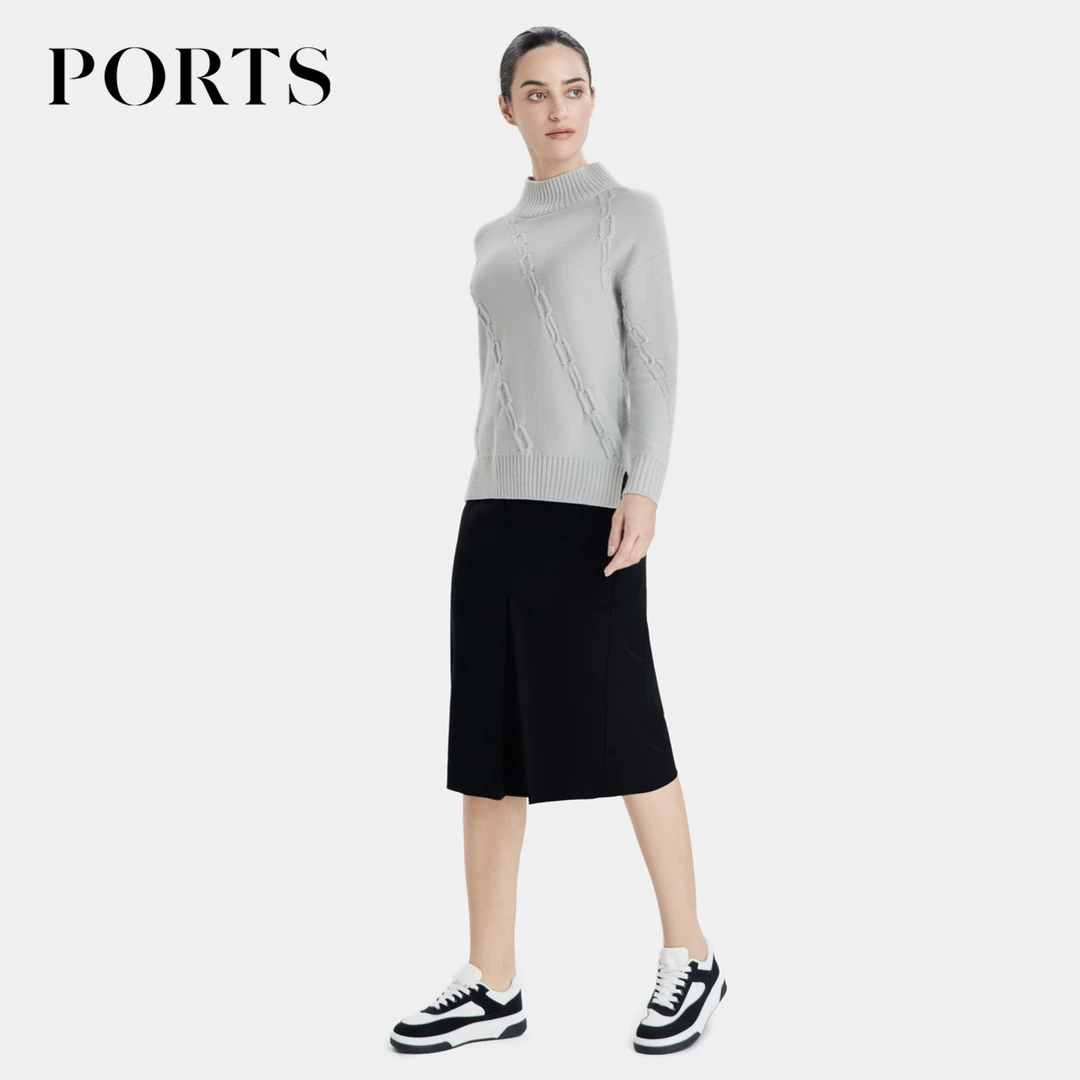 【羊毛系列】PORTS宝姿女装 秋季简约新款通勤休闲撞色线条细节半裙