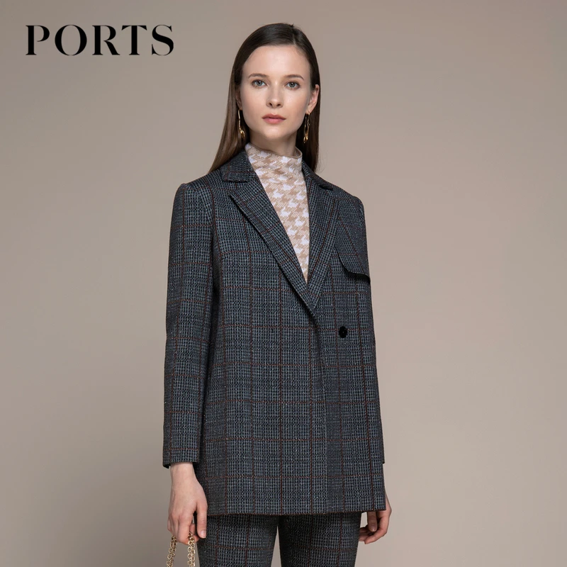 PORTS宝姿 女装秋季职场百搭通勤风格纹针织长袖西装外套系带西服