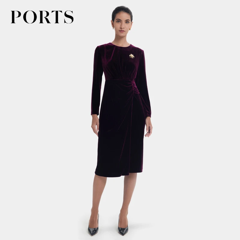 PORTS宝姿女装 早秋新款气质复古修身收腰酒红色丝绒连衣裙女