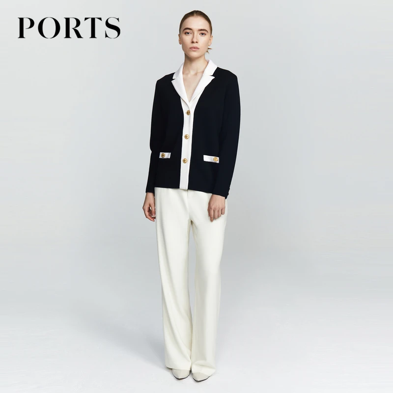 PORTS宝姿女装秋冬气质时尚经典简约黑白修身V领休闲通勤毛针织衫