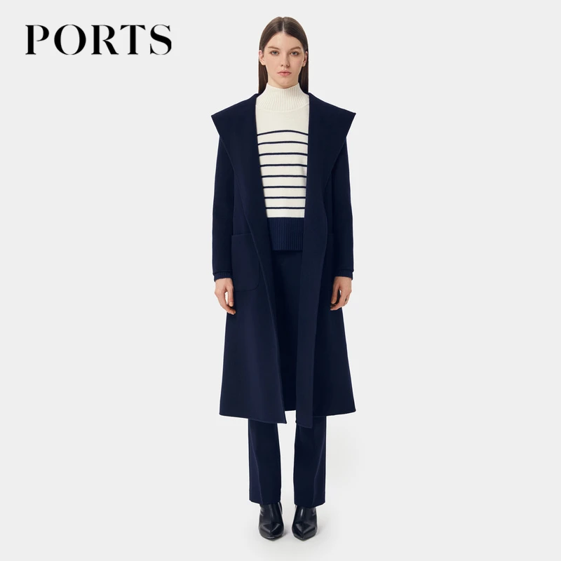 PORTS宝姿女装秋冬季系带中长款高级感双面呢外套直筒廓形大衣女