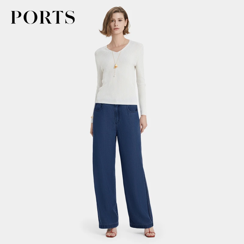 PORTS宝姿 秋冬时尚百搭纯色直筒阔腿女装休闲通勤牛仔长裤女