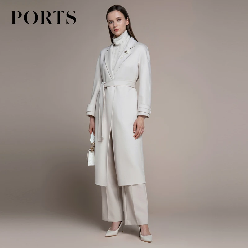PORTS宝姿女装 冬款百搭通勤风白色气质收腰双面呢大衣女羊毛外套