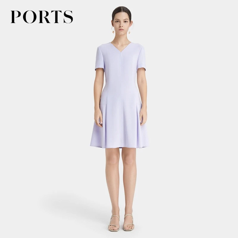 PORTS宝姿女装春夏晚空柔紫优雅V领时尚修身简约褶裥连衣裙女