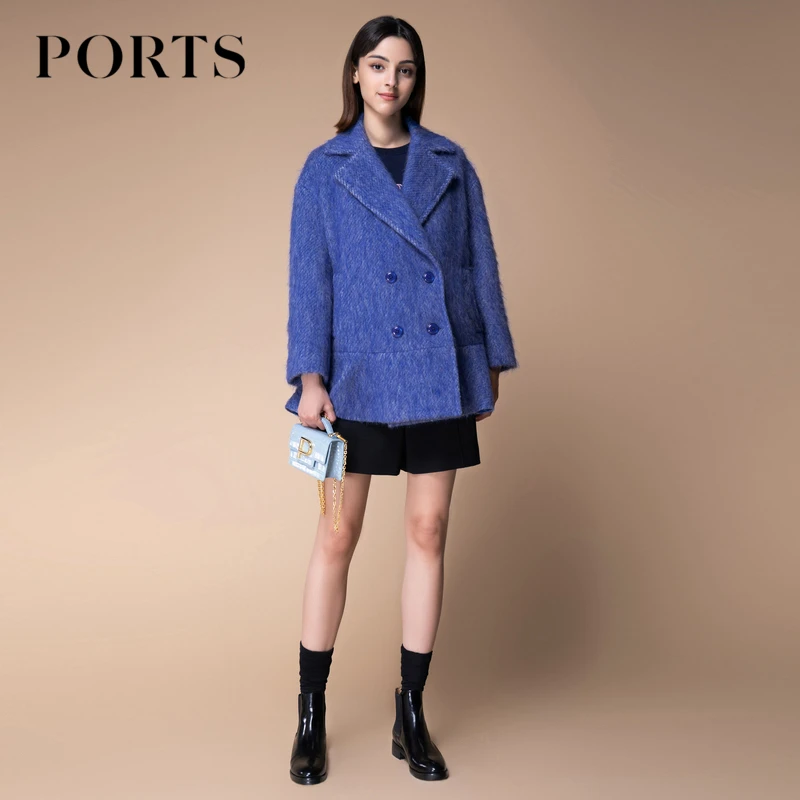 PORTS宝姿 女装秋冬时尚通勤风经典双排扣设计长袖毛呢大衣外套女