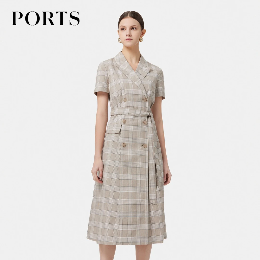 PORTS宝姿 女装春夏弹力时尚气质优雅经典格纹双排扣收腰连衣裙女
