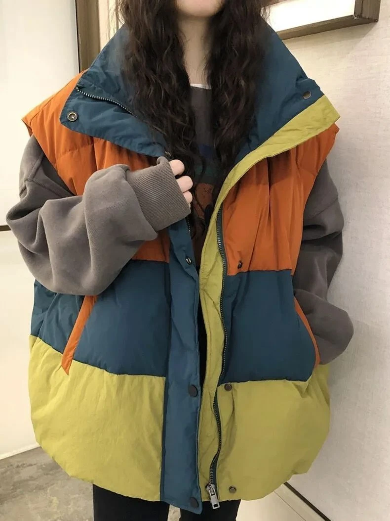 艾菜依羽绒服2023爆款宽松欧货拼色马甲女冬韩版加厚坎肩厚马夹
