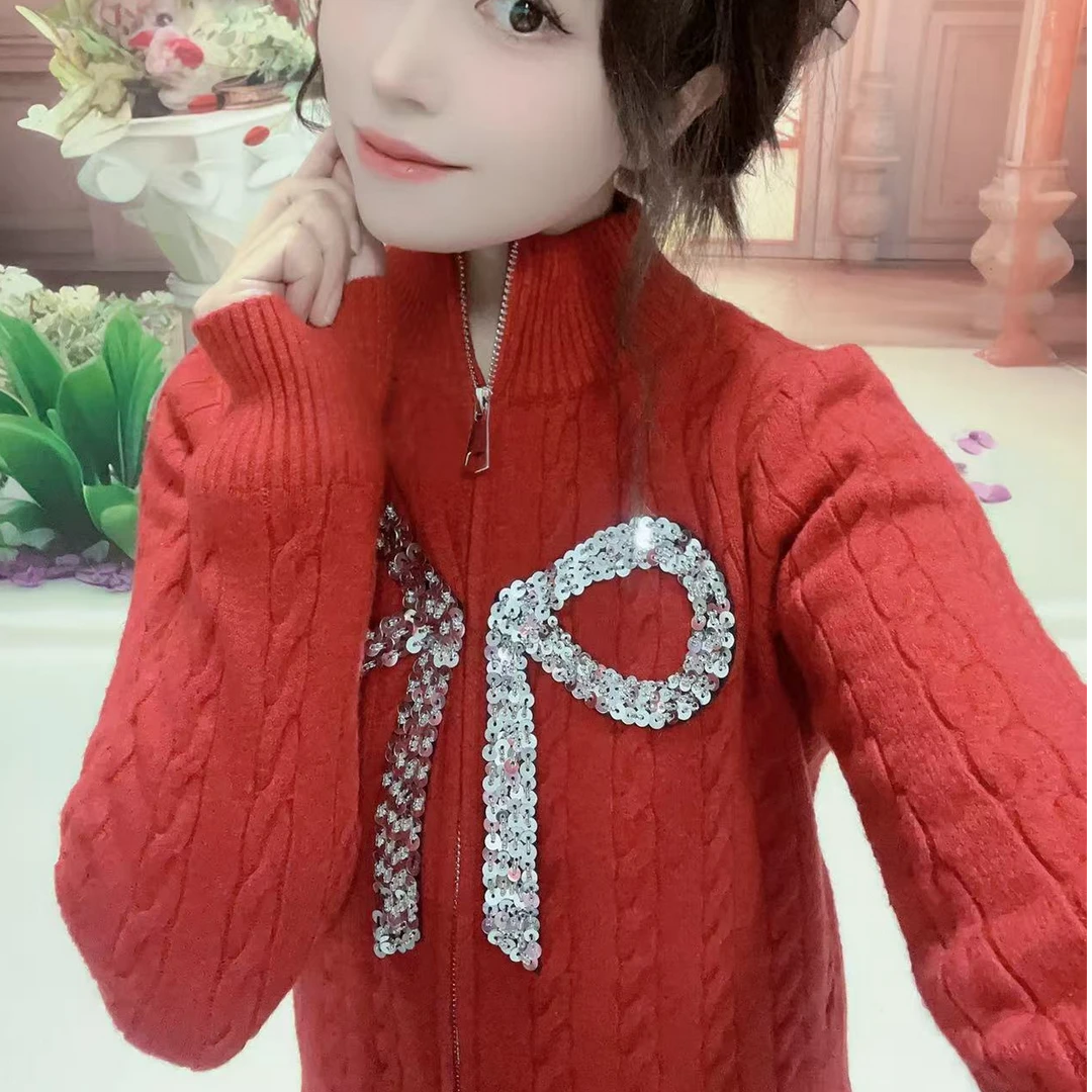 衣迪尼时装品牌设计款2024秋冬重工钉珠蝴蝶结毛织外套