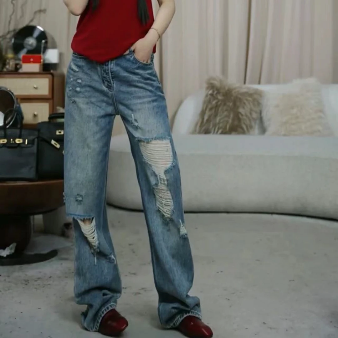 infobyfive2024夏季新款宽松水洗做旧三代直筒破洞牛仔裤2DE3001
