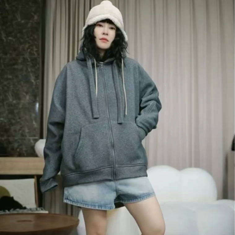 infobyfive福利新款宽松拉链抽绳加绒连帽卫衣外套2DK0103