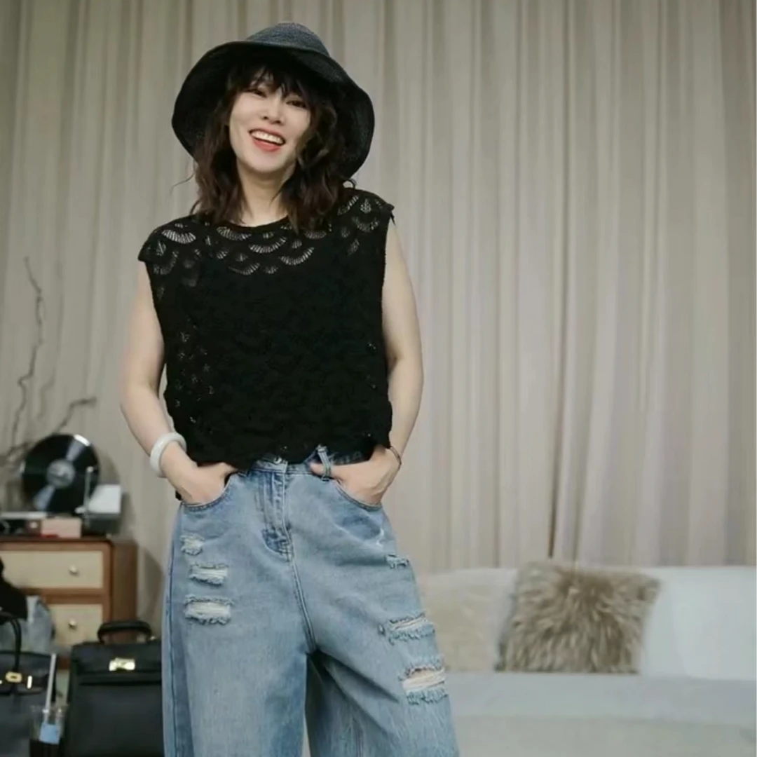 infobyfive2024夏季新款镂空宽松无袖如鱼得水马夹马甲2DE2402