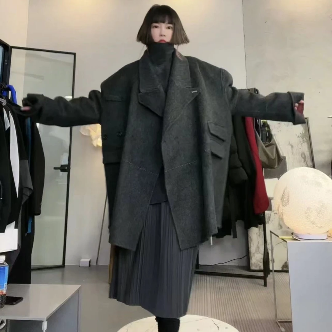 infobyfive秋冬季女装手工呢大衣中长款长袖宽松毛呢外套HJ20998A