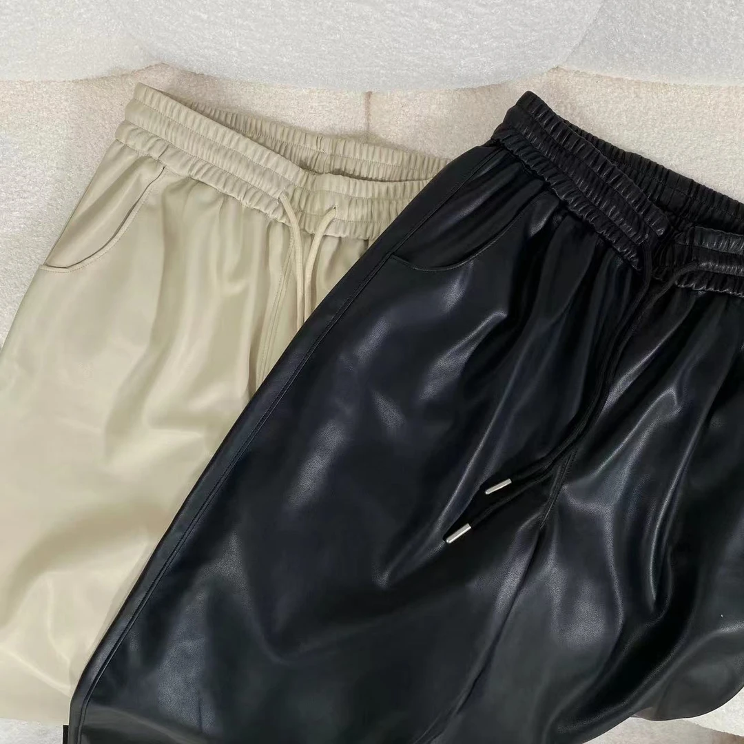 infobyfive福利秋冬新款长裤百搭抽绳松紧简约皮裤2DJ0904