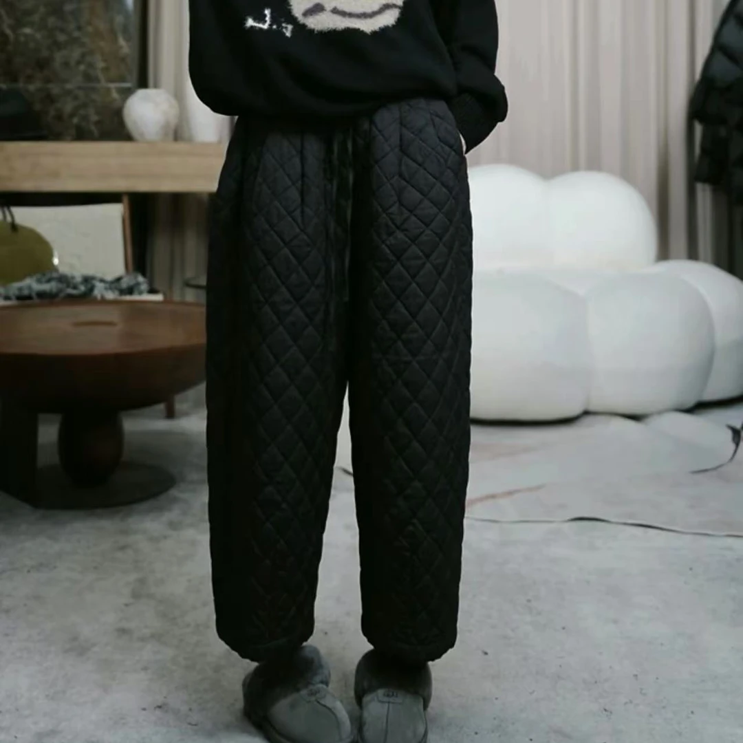 infobyfive福利冬季新款菱形格加绒直筒棉格小棉裤八分裤2DK2813
