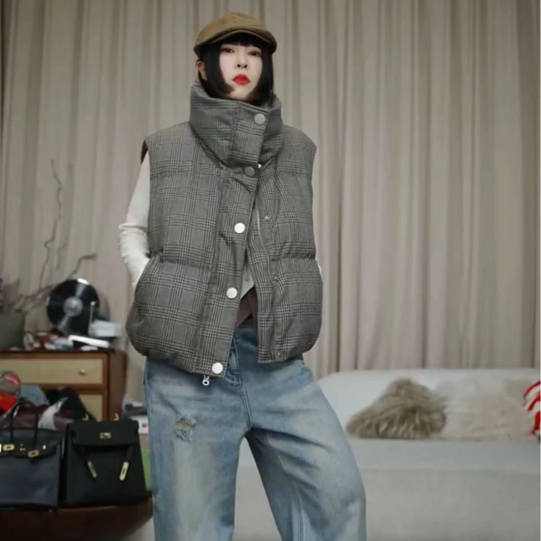 infobyfive福利复古格子百搭休闲短款羽绒马甲2DH0205