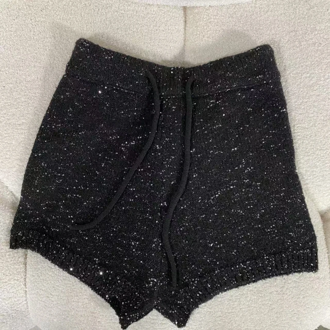 infobyfive2024冬季新款黑色毛线针织闪闪短裤2DL0701