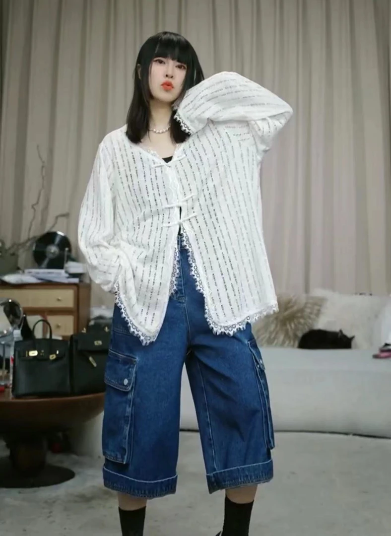 infobyfive福利秋冬新款镂空蕾丝宽松V领开衫针织衫2DI1009