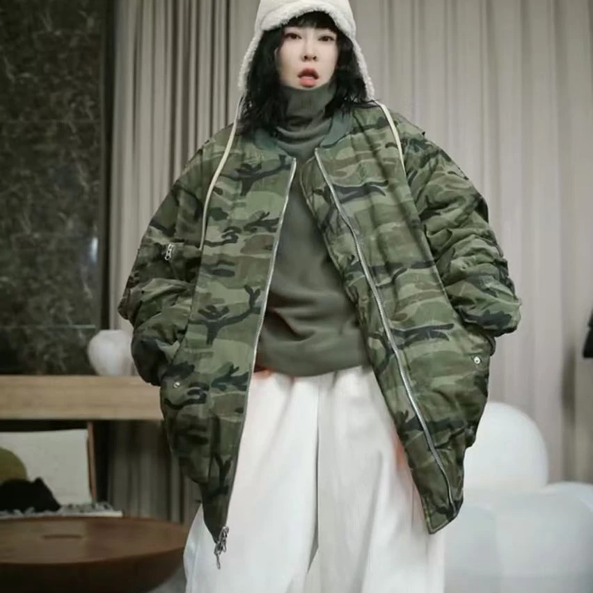 infobyfive福利冬季新款宽松迷彩两面穿棉服外套2DK0812