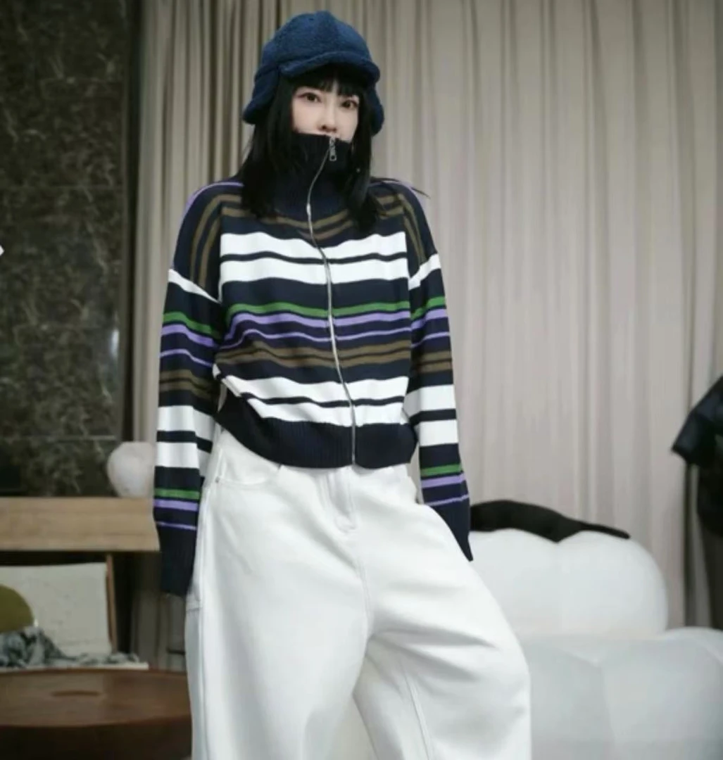 infobyfive福利冬季新款长袖条纹彩色拉链高领毛衣2DK0902