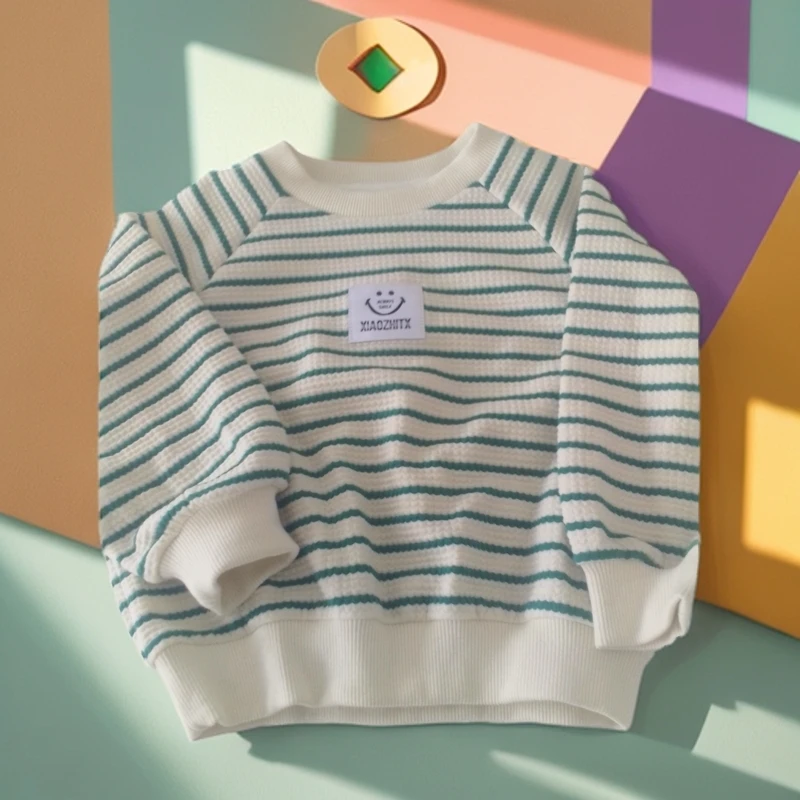 男童女童条纹卫衣新款洋气中小童上衣儿童宽松休闲圆领