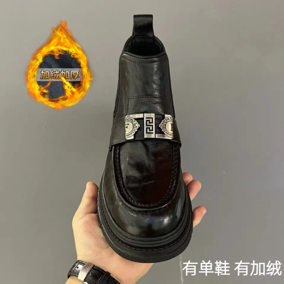 牛皮加绒冬季时尚男鞋新品潮流水牛皮磨砂中帮靴子休闲皮鞋