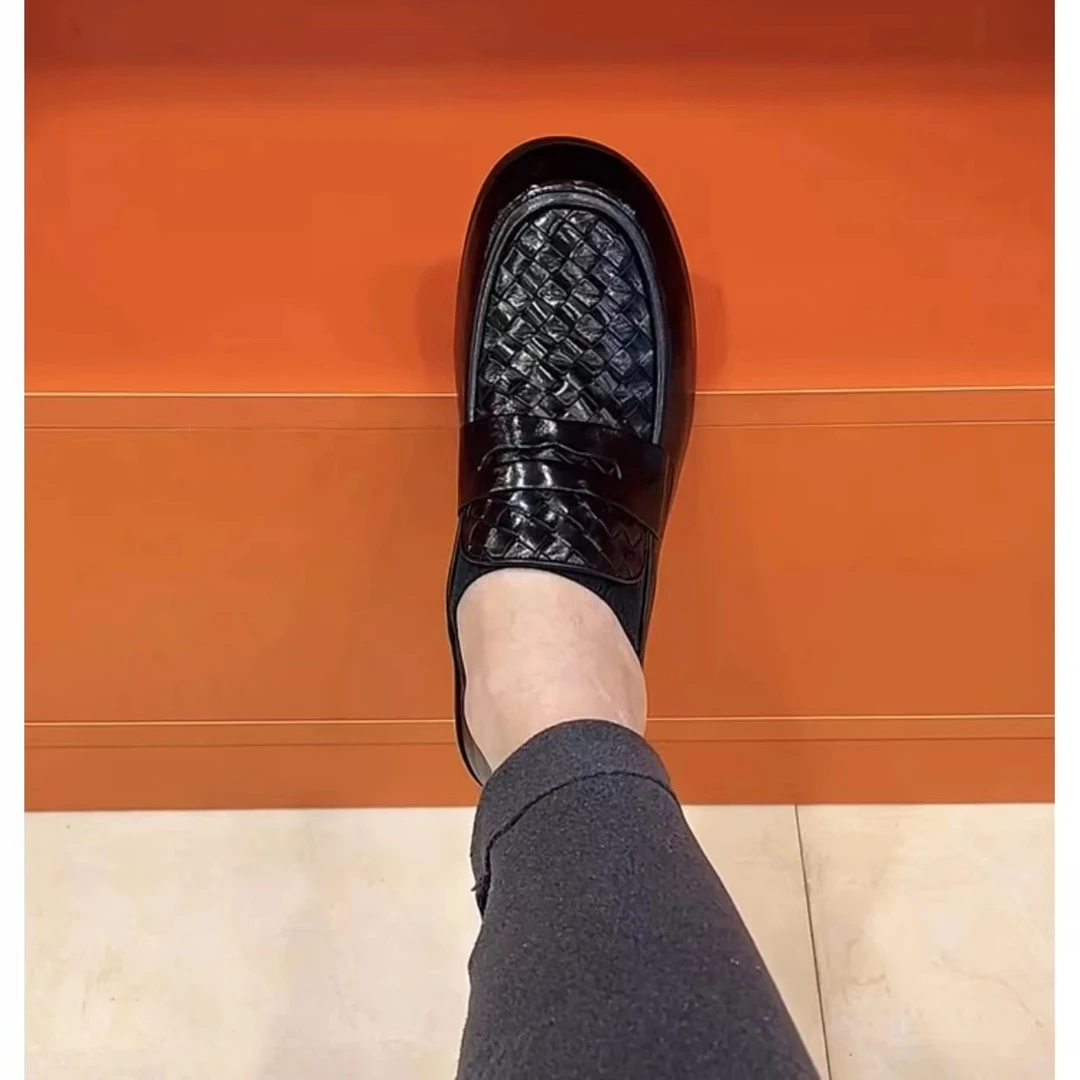 男鞋纯皮夏季商务休闲一脚蹬豆豆鞋懒人驾车皮鞋编织皮软底