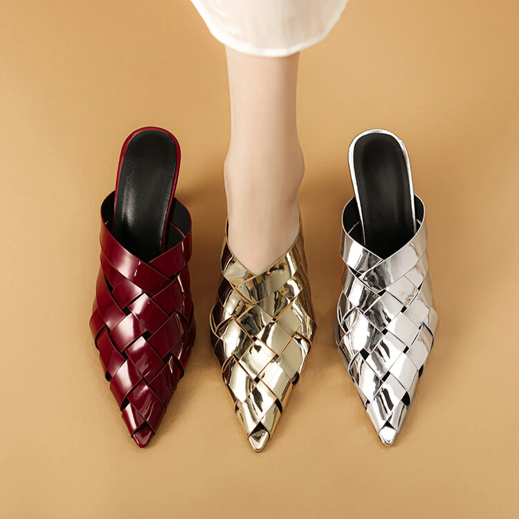 7.5cm尖头编织镂空包头凉拖鞋女网红时尚气质舒适金色高跟半拖鞋