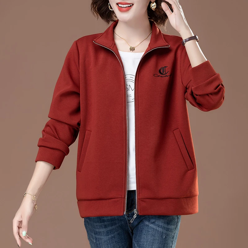 春秋大码外套女中年妈妈立领开衫卫衣胖mm宽松遮肚子薄款秋季上衣