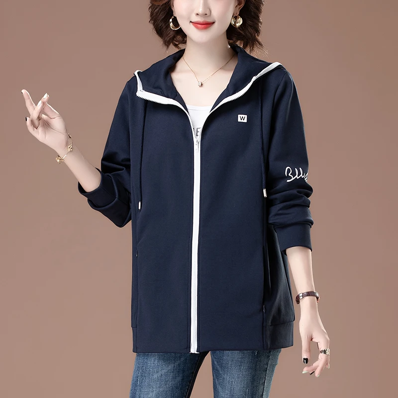 连帽外套女胖妈妈宽松休闲运动开衫卫衣2024春秋新款洋气带帽衫薄