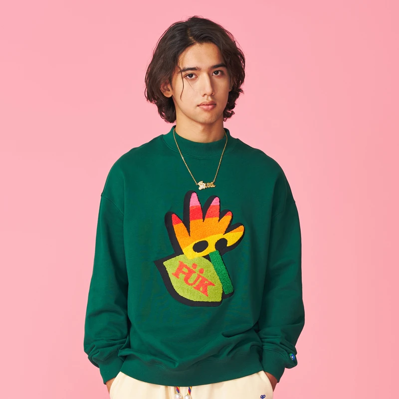 PUK布瑞吉bridge潮牌新款花卉毛巾绣卫衣印花长袖宽松休闲情侣秋