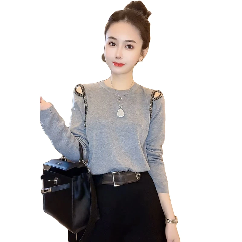 高级感镂空露肩钉珠针织上衣长袖女秋季修身内搭显瘦洋气打底t恤