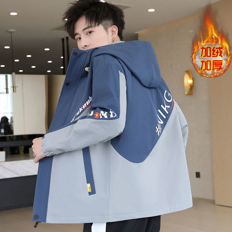 秋冬季新款外套男士加绒夹克韩版青少年学生加厚风衣潮流男装上衣