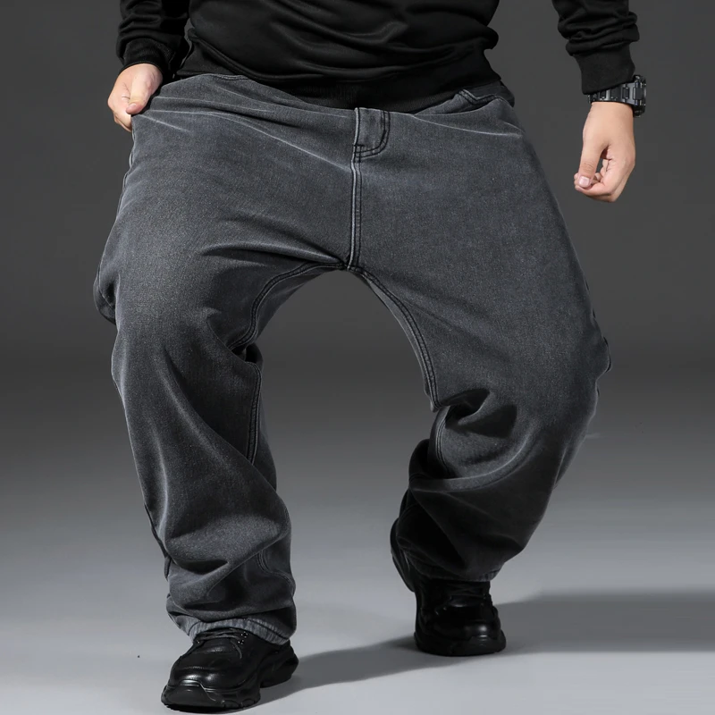 秋冬季休闲直筒牛仔裤男加绒宽松高腰加肥加大码时尚胖子中年爸爸