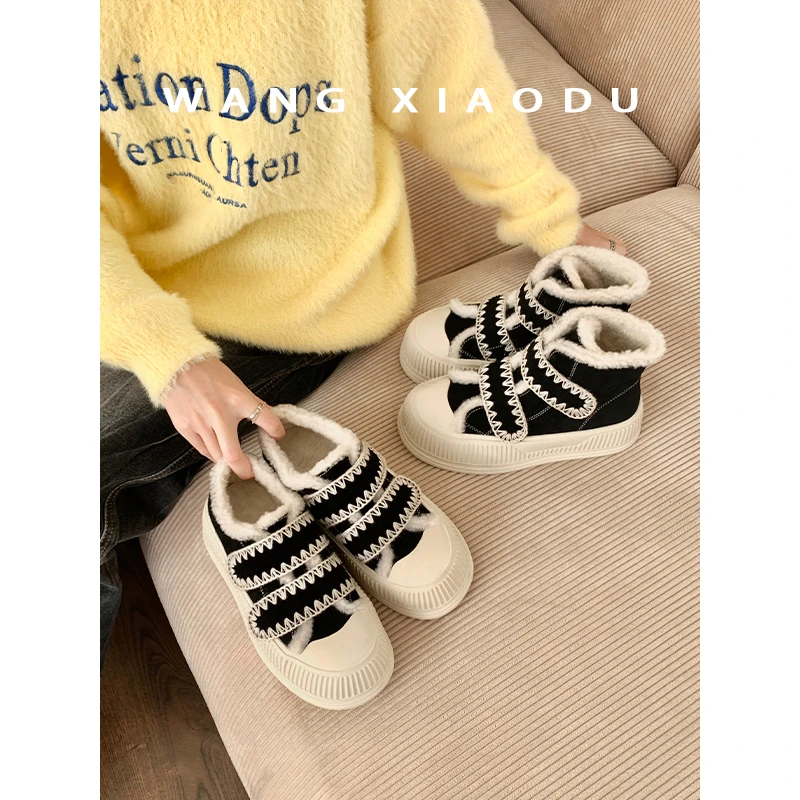 【王小毒】围炉茶话●魔术贴板鞋女2024年秋冬新款加绒保暖饼干鞋