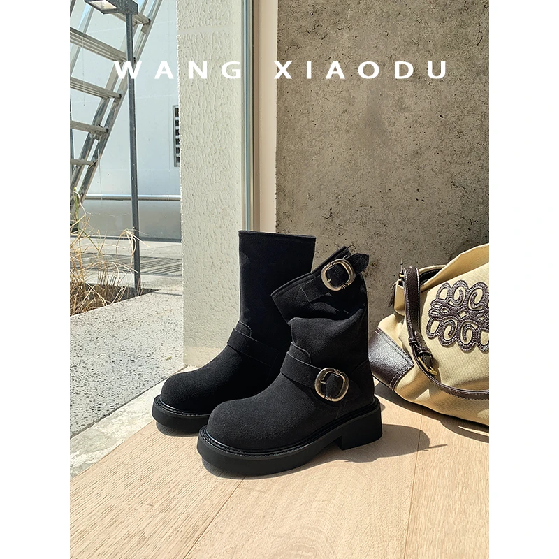 【王小毒】落日飞车●牛反绒西部牛仔靴短靴女粗跟圆头棕色时装鞋