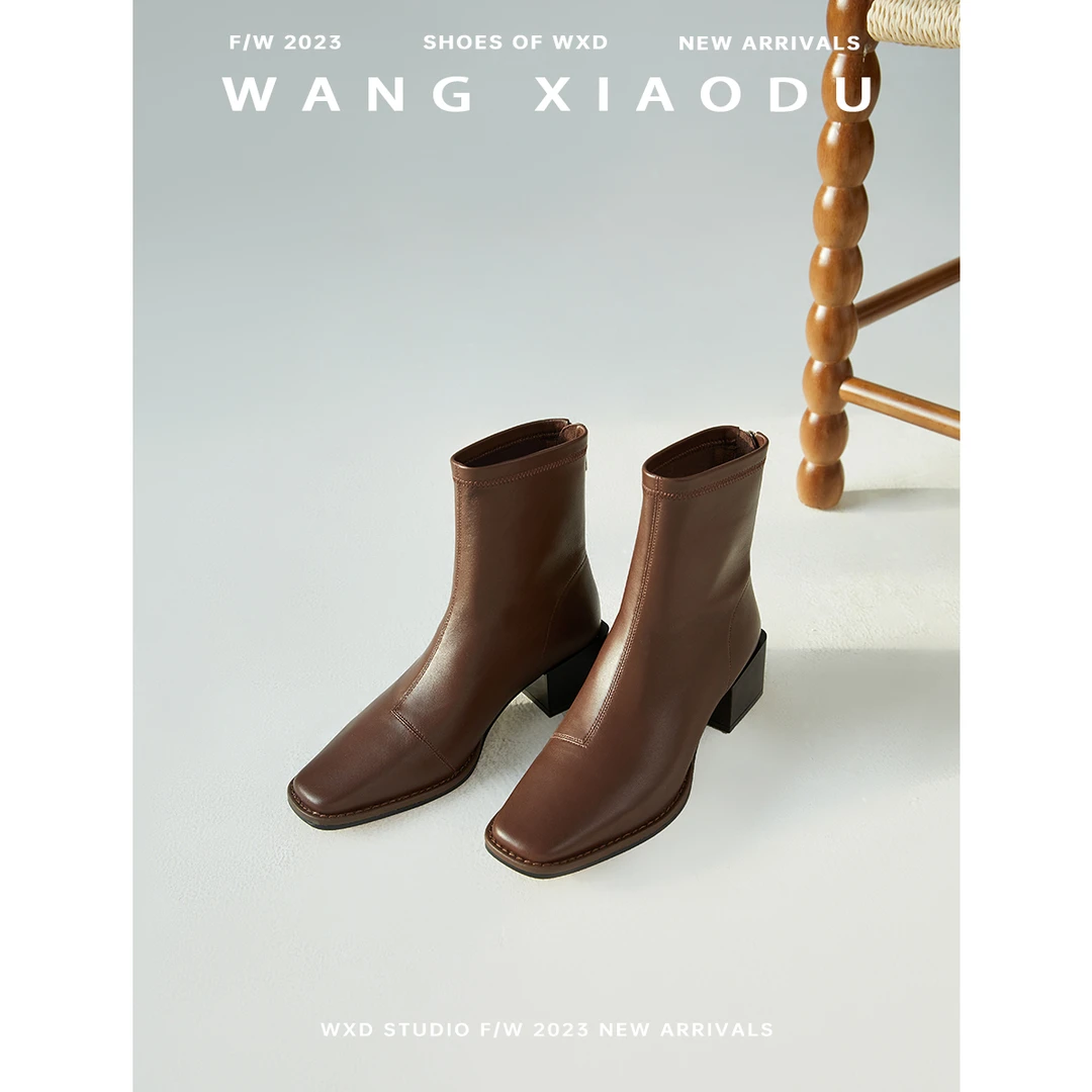 【王小毒】升级版~对的duide●真皮方头瘦瘦靴高级感羊皮粗跟短靴