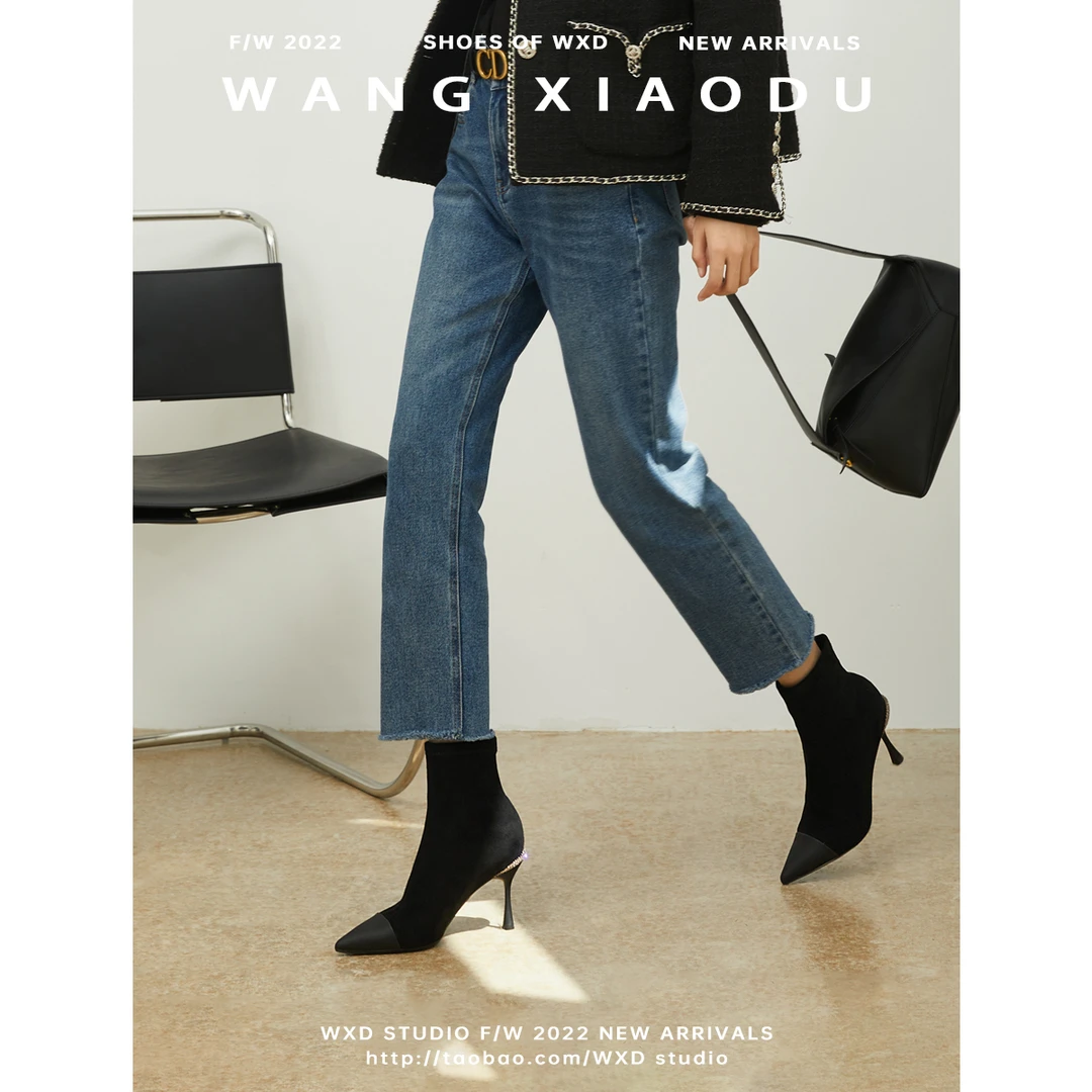 【王小毒】冬季恋歌●高跟弹力瘦瘦靴女短靴新款尖头细跟绒面袜靴女